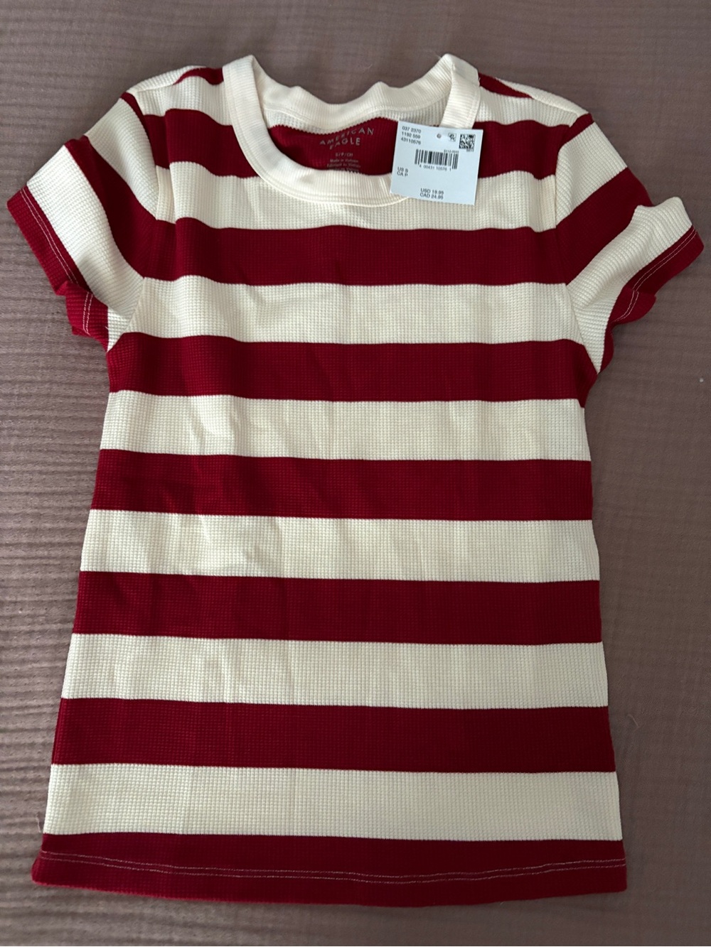 American Eagle Outfitters Red & Cream Striped Short Sleeve Tee
